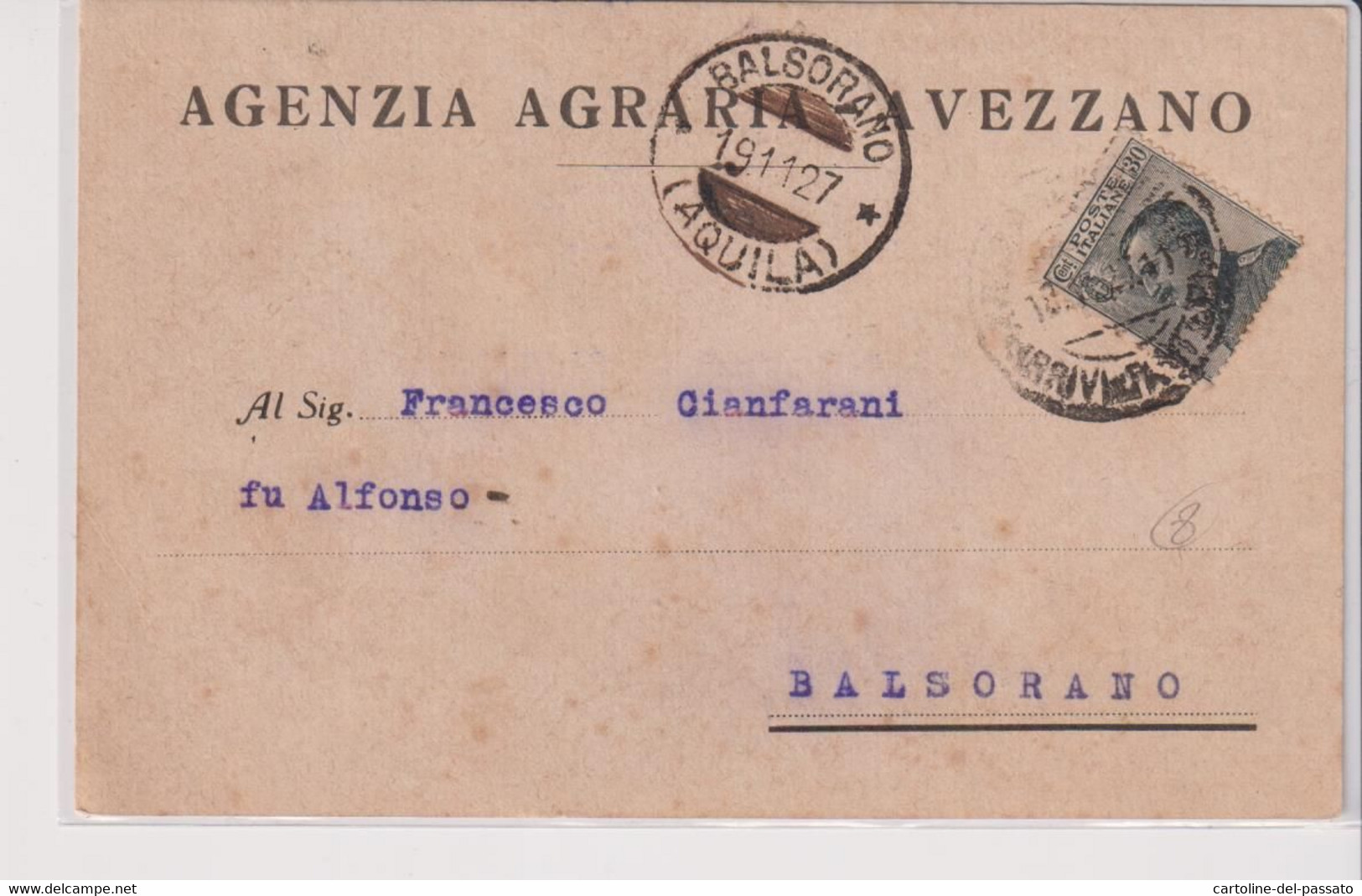 AVEZZANO  STORIA POSTALE  AGENZIA   AGRARIA  AVEZZANO  1927 - Avezzano