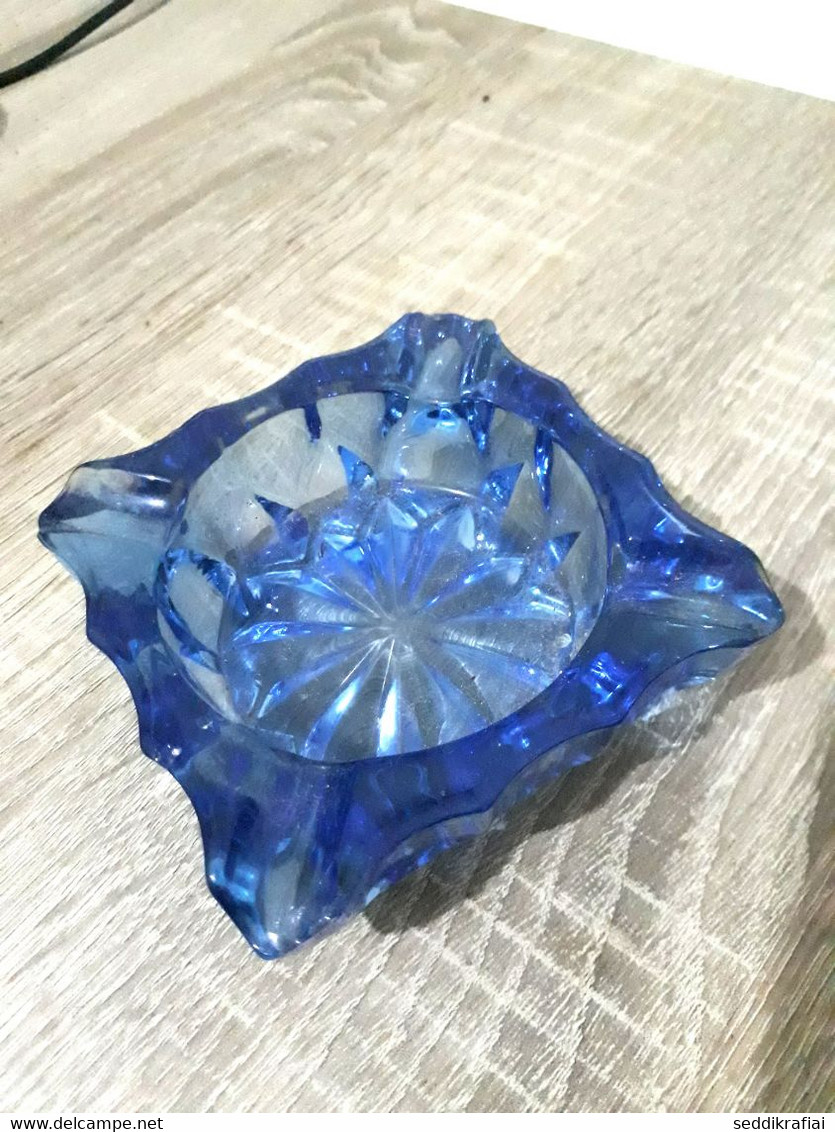 Vintage Elegant Glass Cobalt Blue Cut Crystal Smoker Cigarette Ashtray - Glass