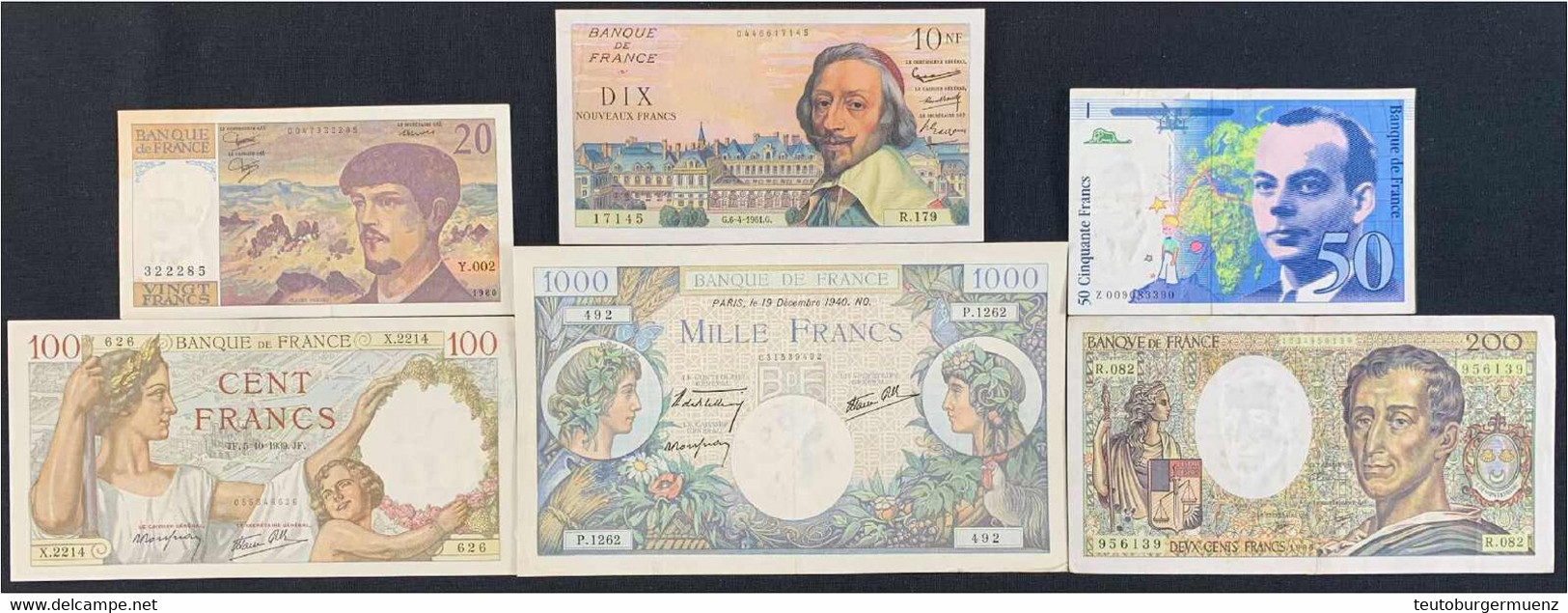 6 Scheine Zu 10 Nouveaux Francs, 20, 50, 100, 200 Und 1000 Francs 1939 - 1993. II-III. Pick 94, 96, 141, 151, 155, 157. - Assignate