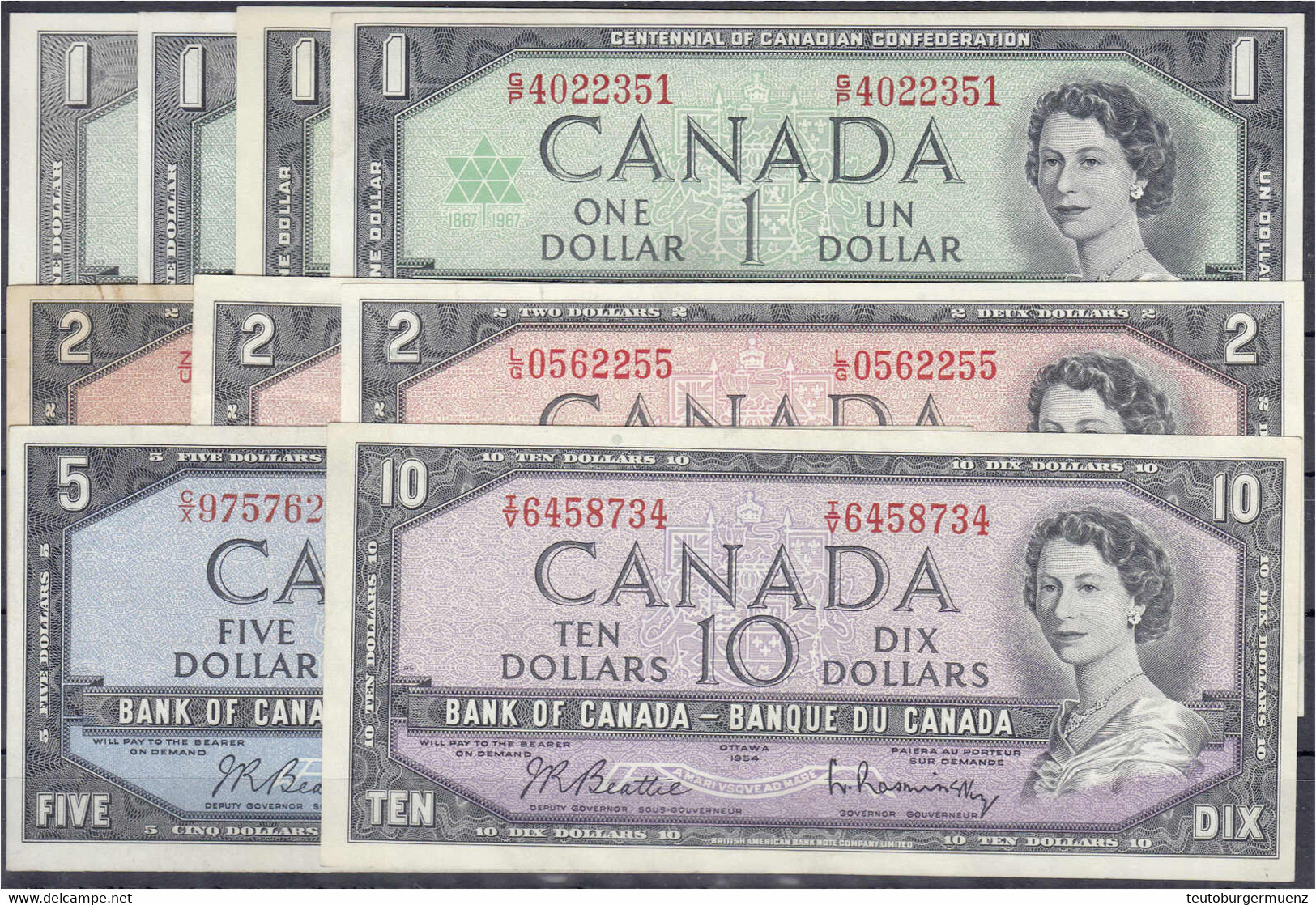 4 X 1, 3 X 2, 5 U. 10 Dollar 1954 - 1967. II Bis III - Canada