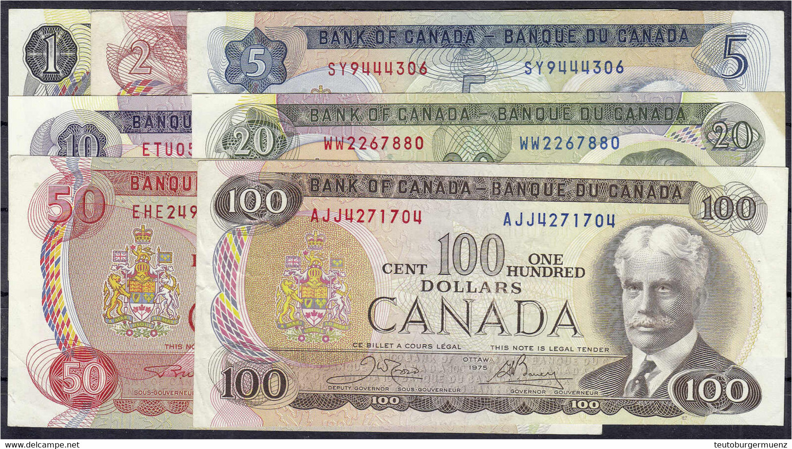 7 Scheine Zu 1, 2, 5, 10, 20, 50 Und 100 Dollar 1971-1975. 100 Dollar Unten Beschnitten. III Bis IV+ Pick 85-91. - Canada