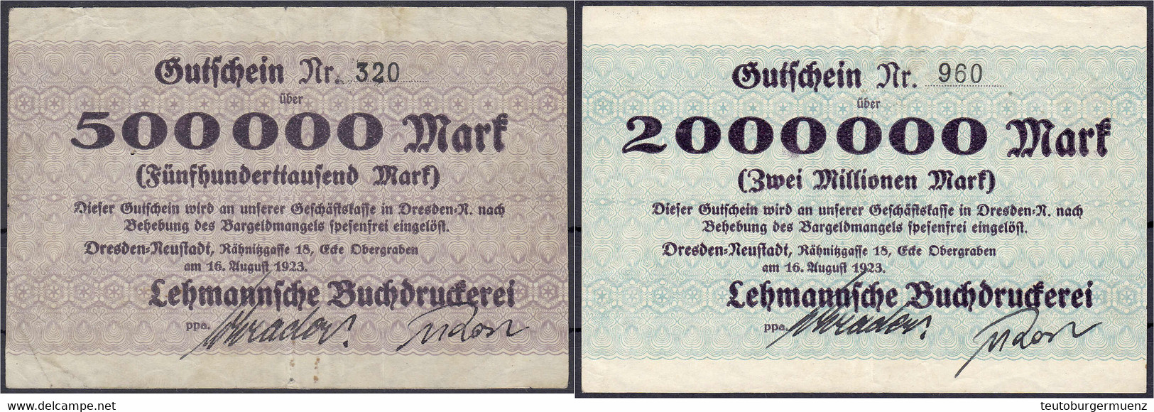 Lehmannsche Buchdruckerei, 500 Tsd. U. 2 Mio. Mark 16.8.1923. IV U. III. Keller 1098. - Zwischenscheine - Schatzanweisungen