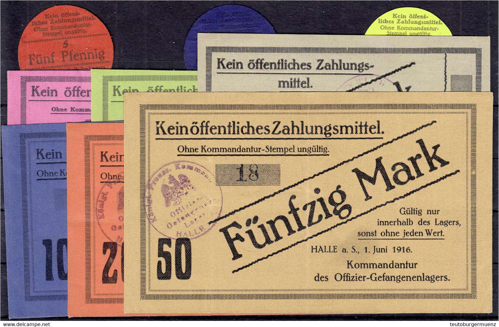 Offizier - Gefangenenlager, 9 Scheine Zu 5, 10 U. 50 Pfg., 1, 3, 5, 10, 20 Und 50 Mark 1.6.1916. Leinen. II Bis III+ Tie - Zwischenscheine - Schatzanweisungen