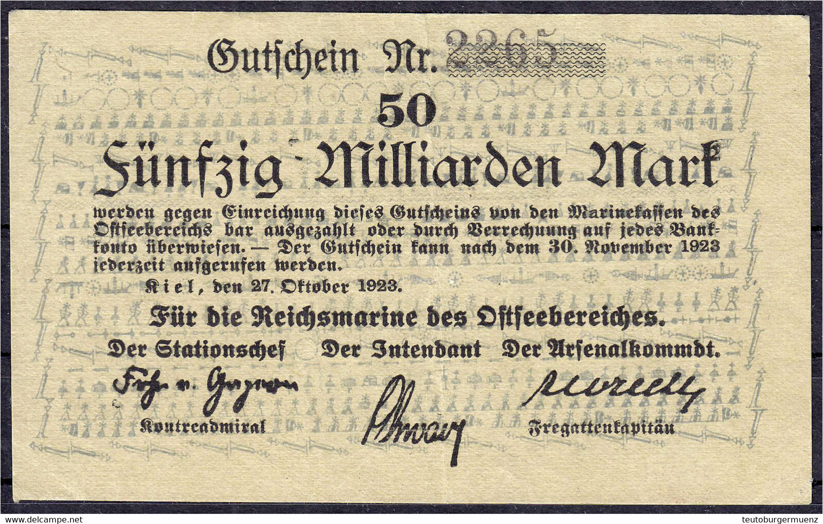 Reichsmarine Ostseebereich 50 Mrd. Mark 27.10.1923. KN. 4-stellig III+ Grabowski. MIL-8. Pick M30. - Zwischenscheine - Schatzanweisungen