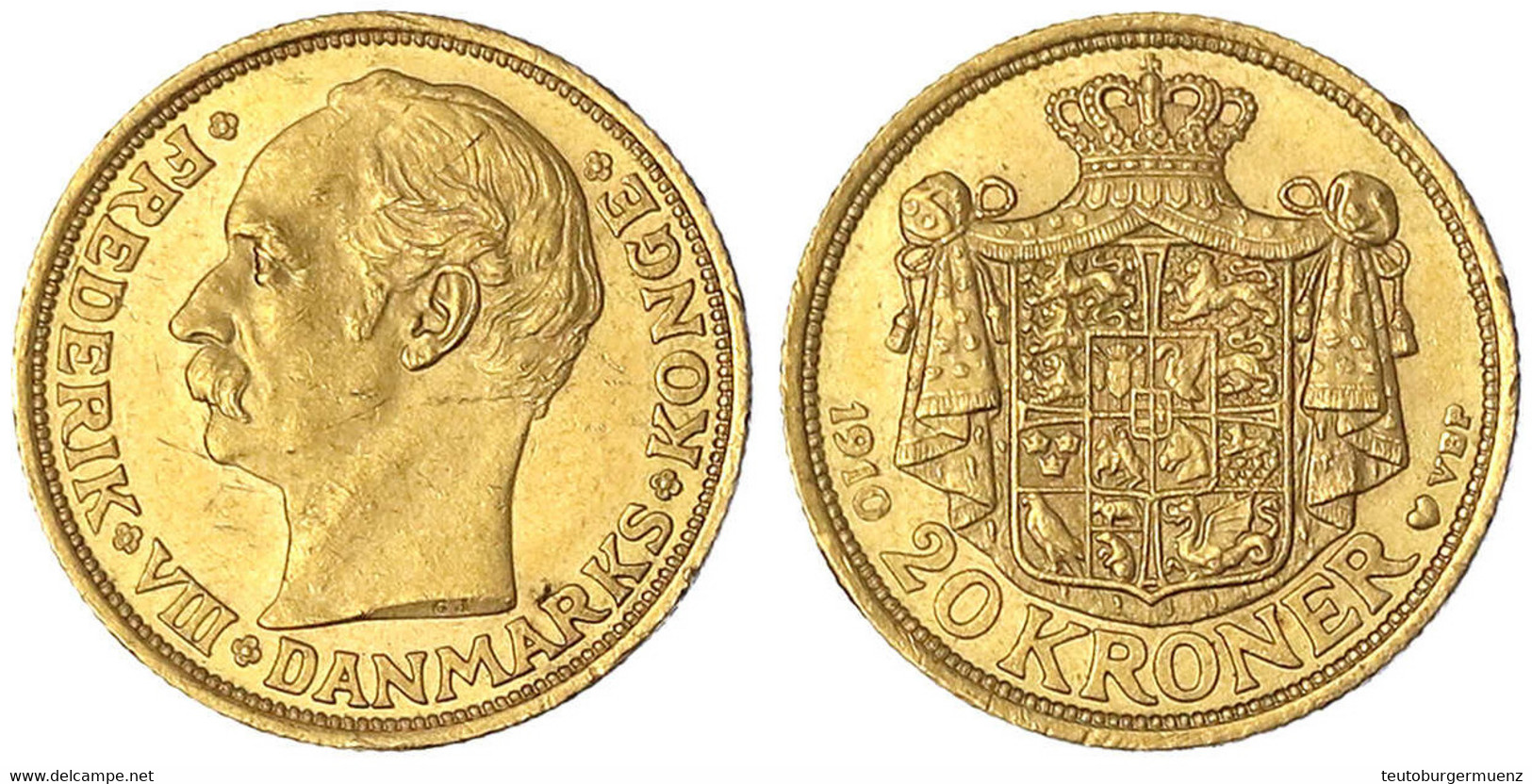 20 Kronen 1910 VBP. 8,96 G. 900/1000. Vorzüglich, Kl. Kratzer Und Randfehler. Friedberg 297. Hede 1. - Dänemark