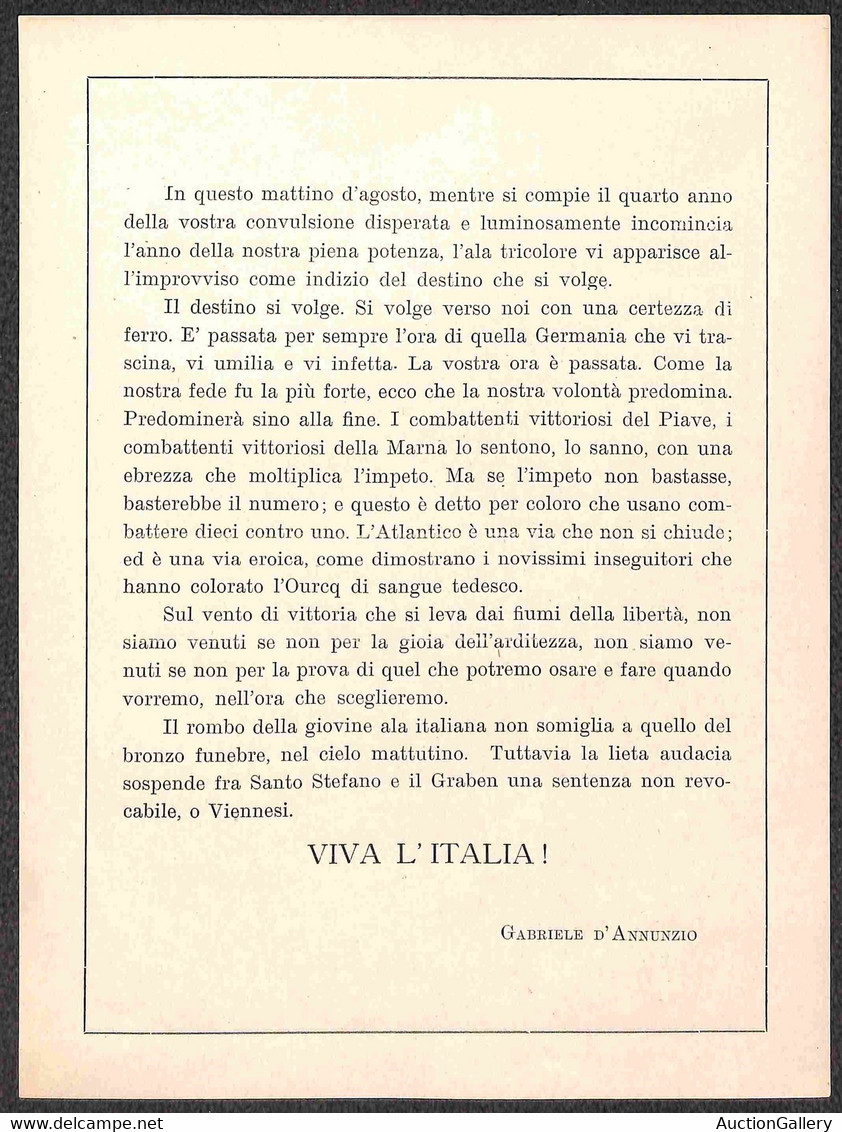 Aerogrammi - D'Annunzio - Volo Su Vienna - "In Questo Mattino D'agosto...o Viennesi Viva L'Italia! Gabriele D'Annunzio"  - Other & Unclassified