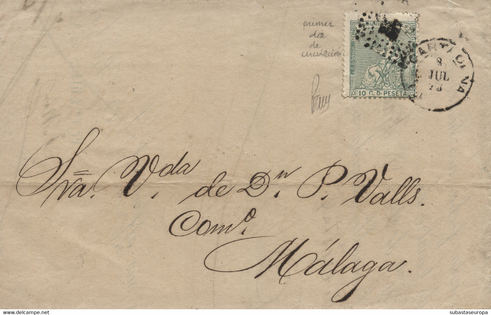 España. 1873 (1 JUL). Ø 133 En Sobre De Cartagena A Málaga. Impreso Fechado El 1er. Día De Circulación, Cancelado El Día - Lettres & Documents