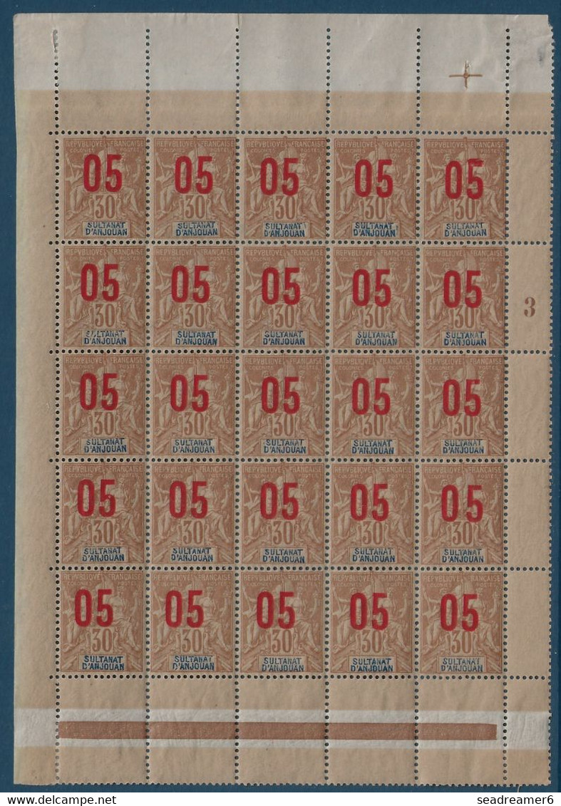 Colonies Type Groupe Anjouan Bloc De 25 N°25/25Aa**/* 2 Variétés 0 & 5 Espacés Case 35 + Grosse Tete Case 5 TTB - Unused Stamps