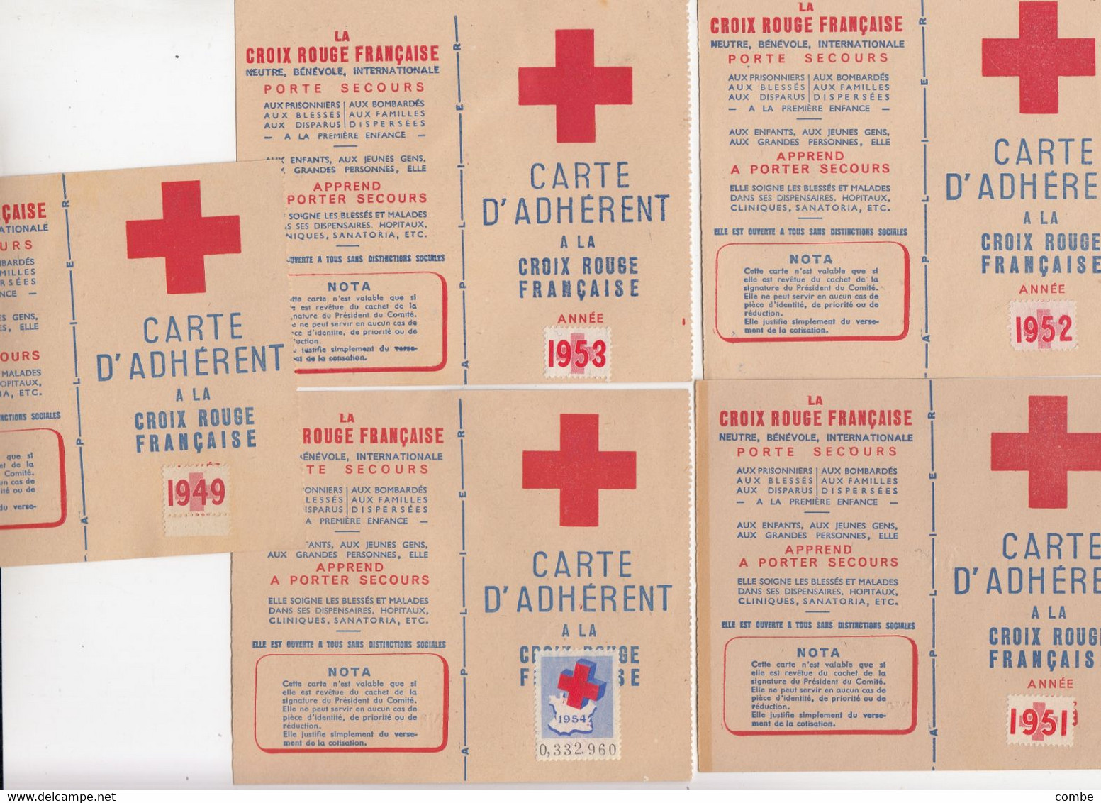 CROIX ROUGE. 5 CARTES D'ADHERENT. 1949/1951/1952/1953/1954 - Red Cross