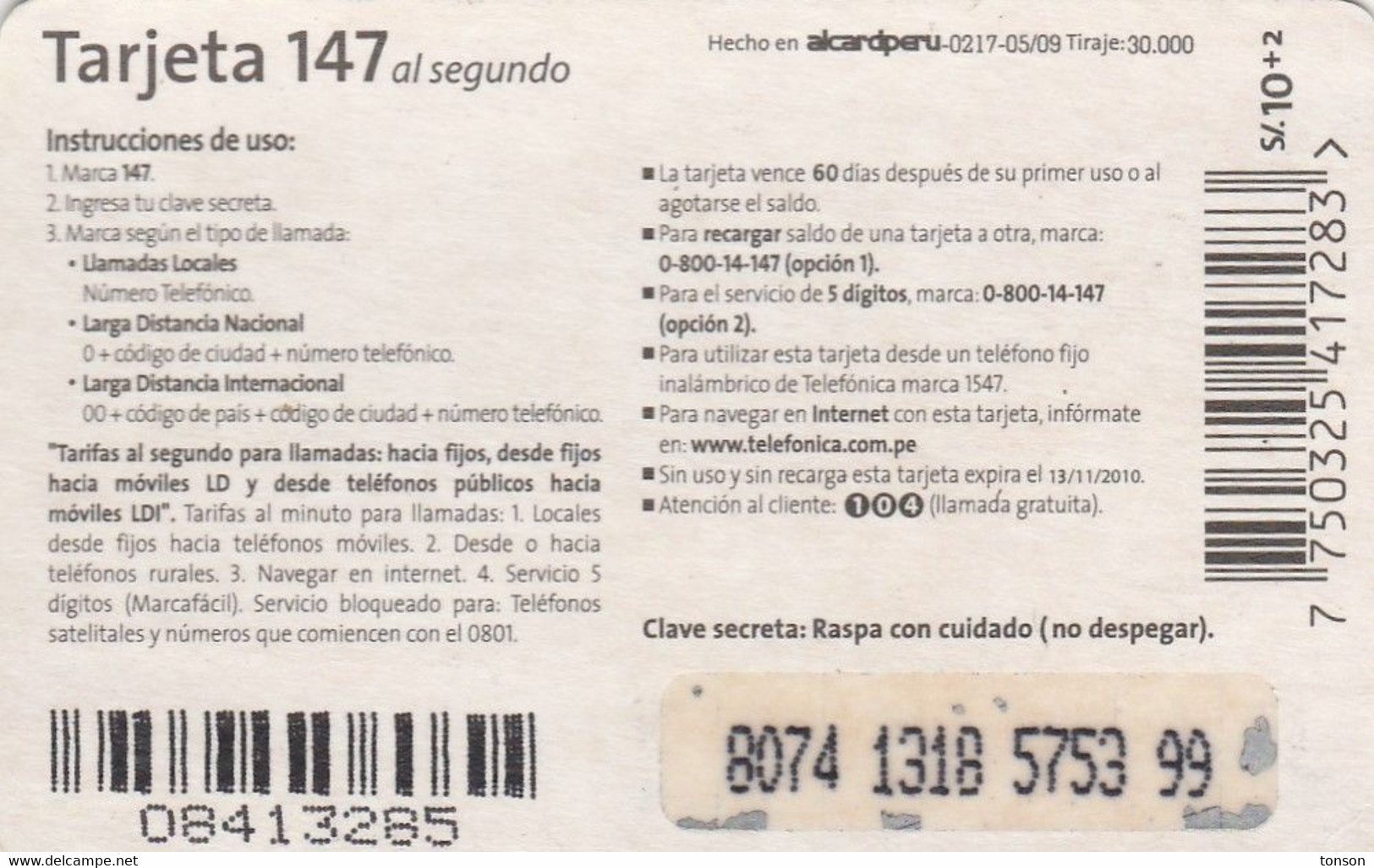 Peru, PE-TPP-SPS-?, Con Tu Tarjeta 147 Llamá A Donde, Prepaid Card, 2 Scans.   Alcardperu, 30.000 Issued, 05/09 - Perú