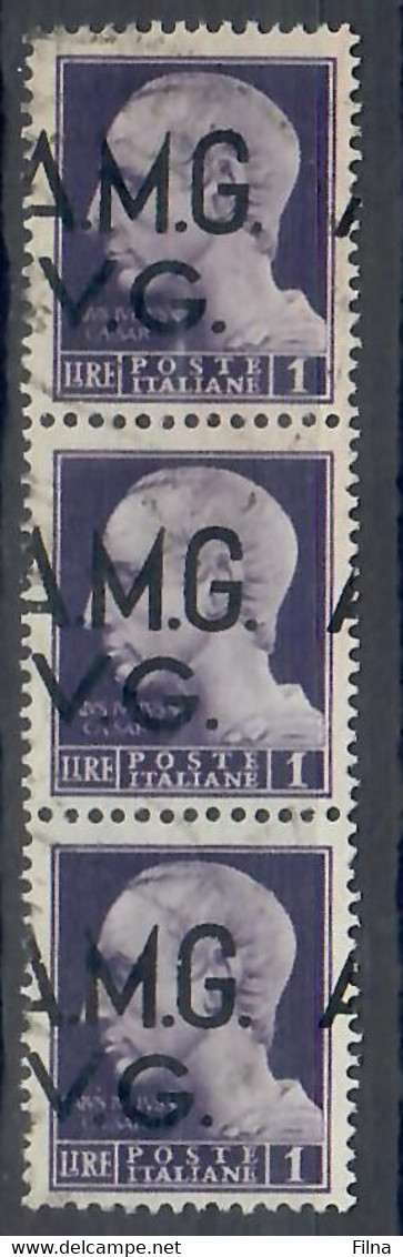 ITALIA - TRIESTE AMG VG 1945 - 1 LIRA VIOLETTO - STRISCIA DI 3 CON VARIETA' - CAT. SASSONE 8hi - USATI - Gebraucht