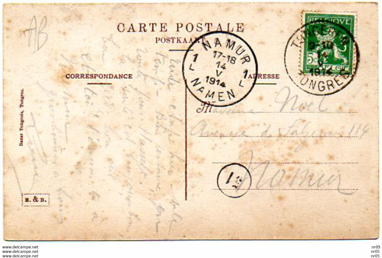 BELGIQUE - Cachet Postal  "NAMUR - NAMEN " 1914 Et Cachet De Facteur 51 Sur CP TONGRES - Posta Rurale