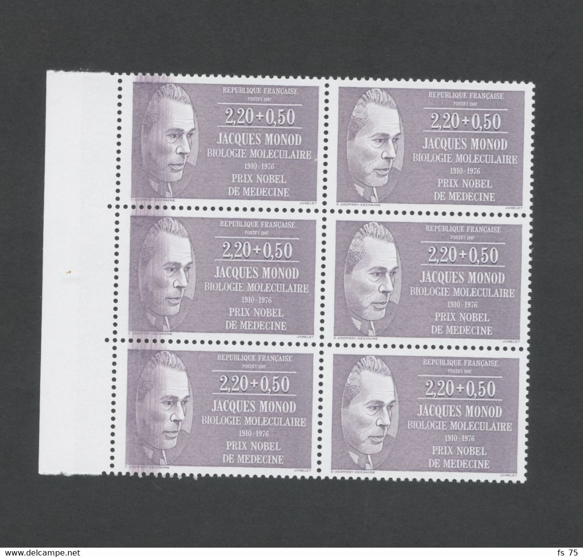 FRANCE - N°2459  2F20 JACQUES MONOD - BLOC DE 6 AVEC DEFAUT D'ESSUYAGE - NEUF SANS CHARNIERE - Unused Stamps