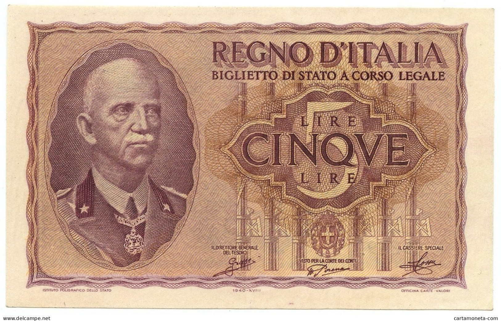 5 LIRE BIGLIETTO DI STATO VITTORIO EMANUELE III FASCIO 1940 XVIII FDS-/FDS - Regno D'Italia – Other