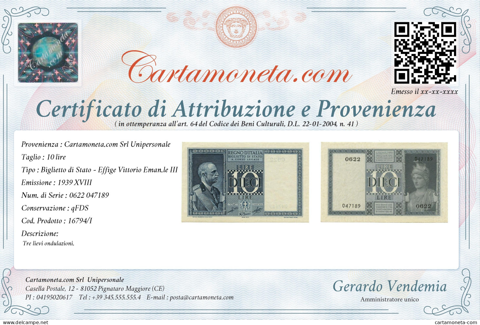 10 LIRE BIGLIETTO DI STATO VITTORIO EMANUELE III FASCIO 1939 XVIII QFDS - Sonstige