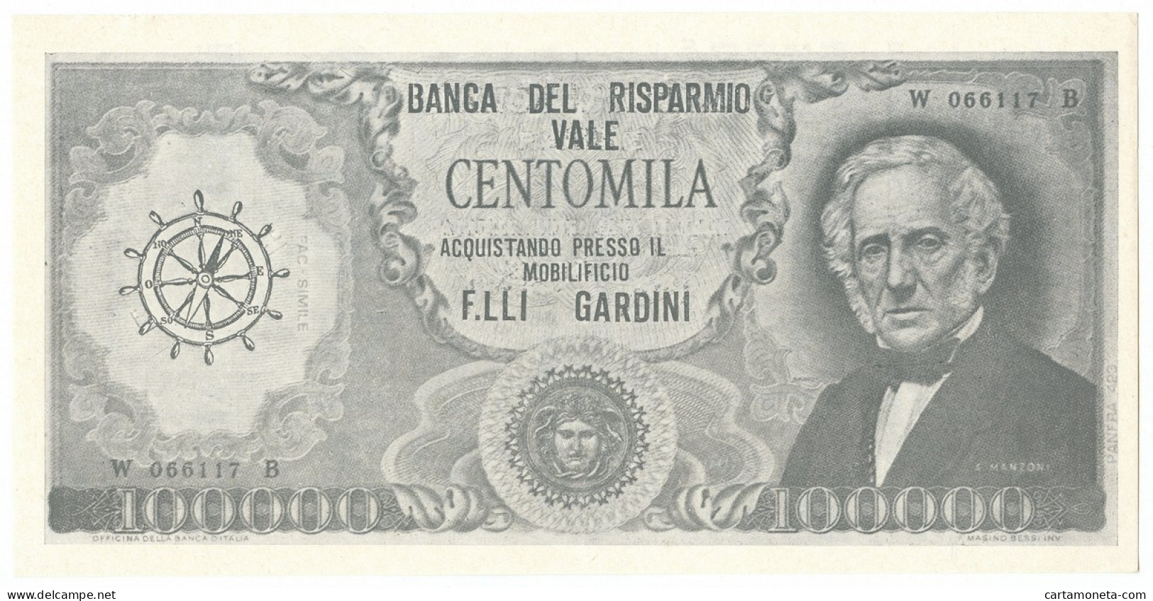 100000 LIRE BIGLIETTO PUBBLICITARIO MOBILIFICIO F.LLI GARDINI FORLÌ GRIGIO QFDS - [ 7] Errors & Varieties