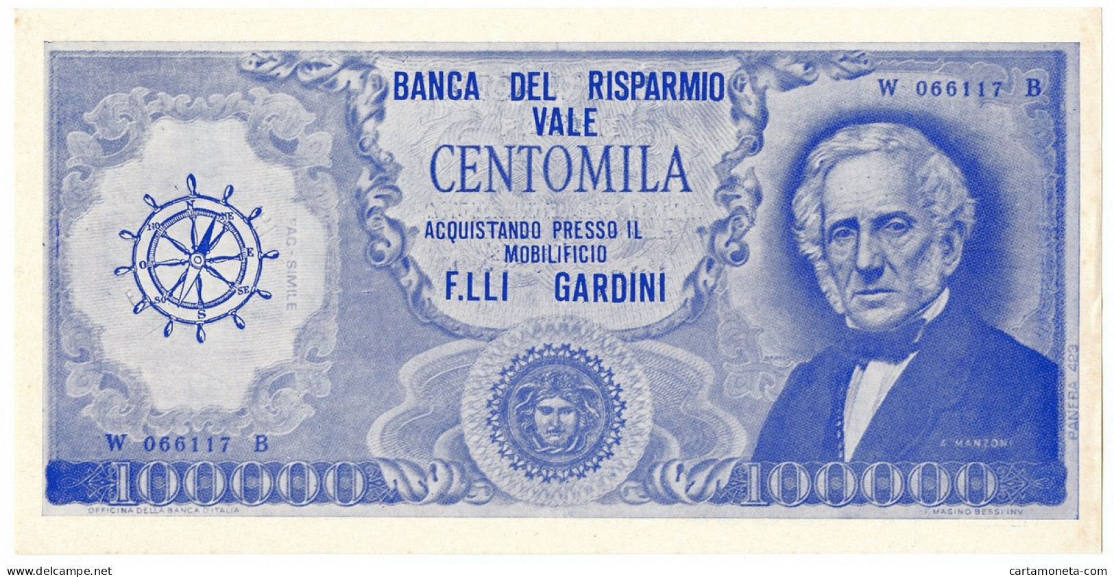 100000 LIRE BIGLIETTO PUBBLICITARIO MOBILIFICIO F.LLI GARDINI FORLÌ BLU SUP+ - [ 7] Fautés & Variétés