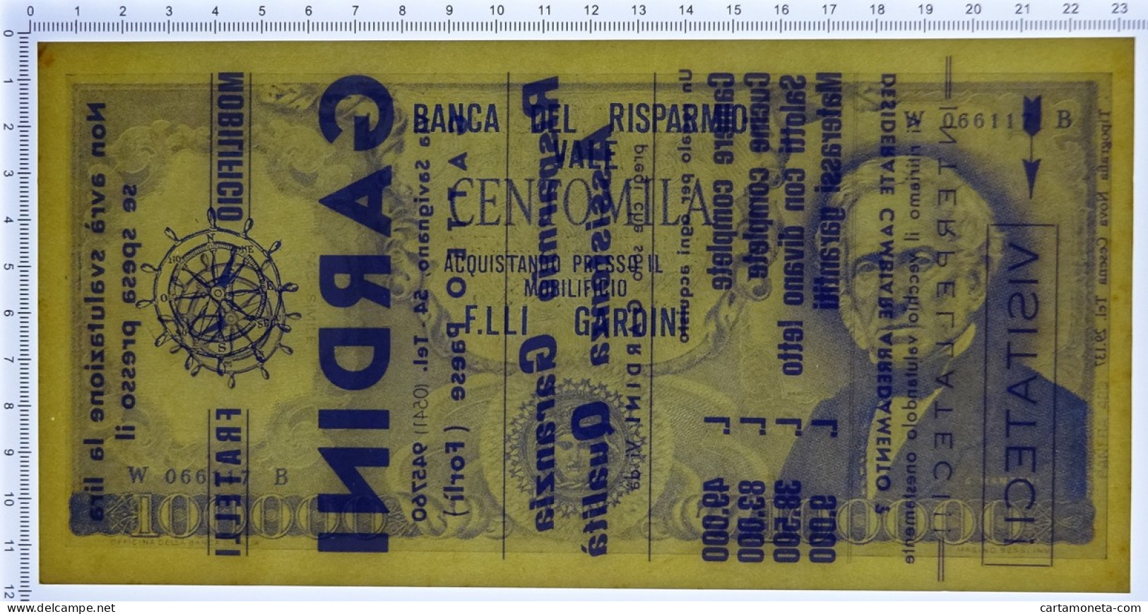 100000 LIRE BIGLIETTO PUBBLICITARIO MOBILIFICIO F.LLI GARDINI FORLÌ BLU SUP+ - [ 7] Fautés & Variétés