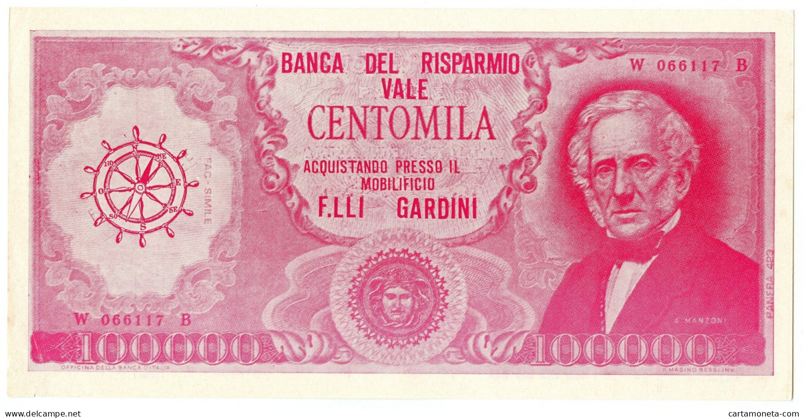 100000 LIRE BIGLIETTO PUBBLICITARIO MOBILIFICIO F.LLI GARDINI FORLÌ ROSSO SUP - [ 7] Errors & Varieties