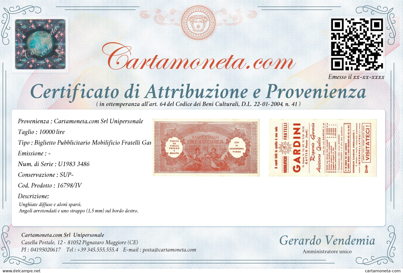 10000 LIRE BIGLIETTO PUBBLICITARIO MOBILIFICIO FRATELLI GARDINI FORLÌ SUP- - [ 7] Errores & Variedades