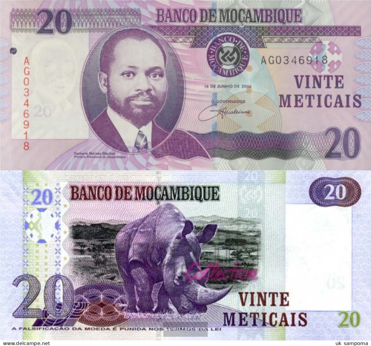 Mosambik Pick-number: 143a Uncirculated 2006 20 Meticais - Mozambique