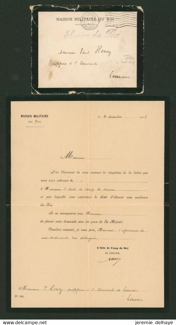 L. à En-tête "Maison Militaire Du Roi" + Griffe SERVICE DU ROI Expédié De Bruxelles (1913) > Louvain / Contenu - Franchise