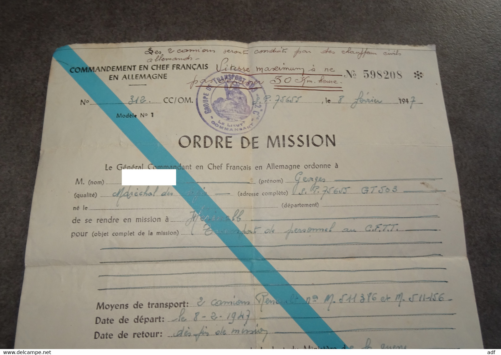 ORDRE DE MISSION 1947, COMMANDEMENT EN CHEF FRANCAIS EN ALLEMAGNE, GROUPE DE TRANSPORT, CAMIONS RENAULT - Documents