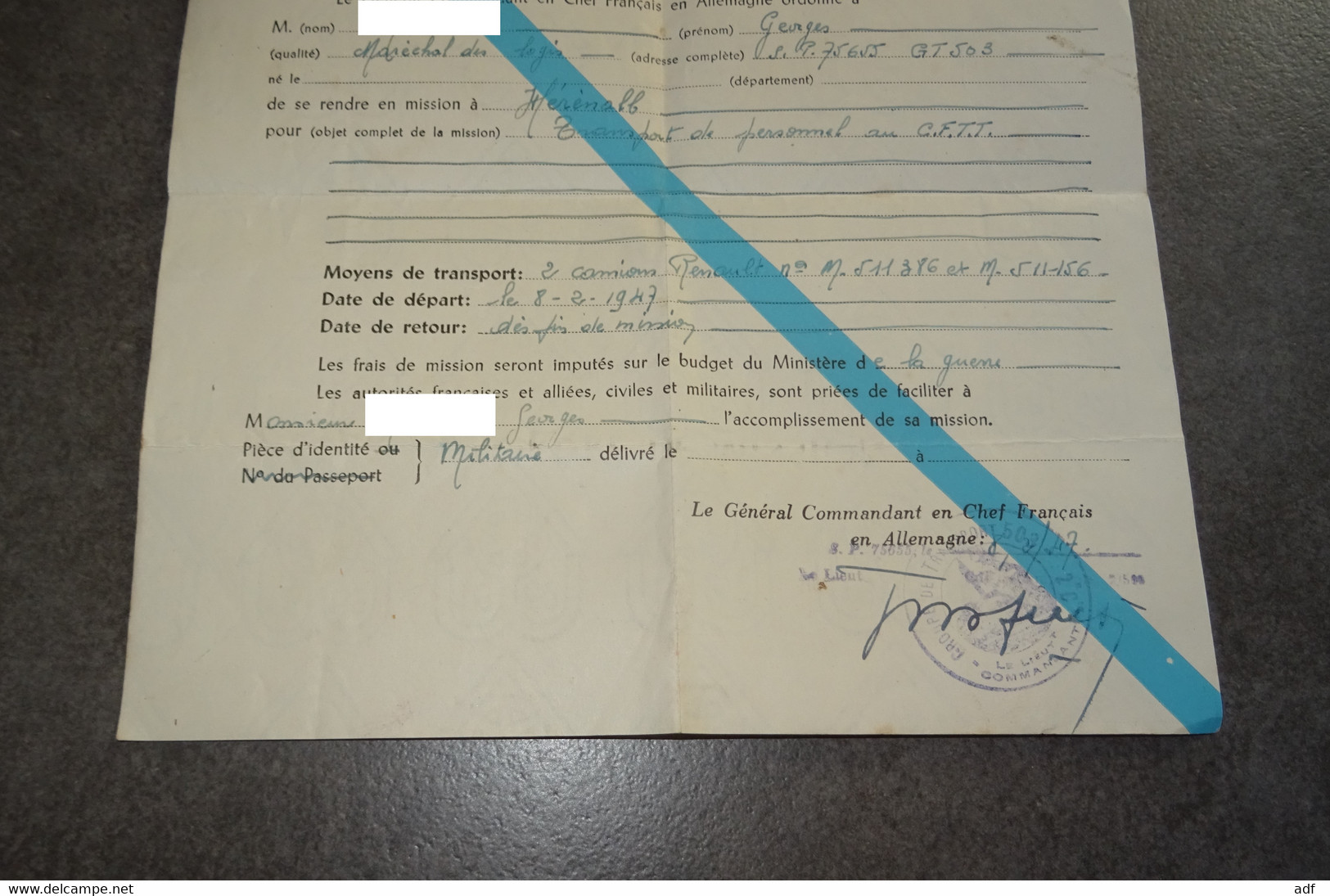 ORDRE DE MISSION 1947, COMMANDEMENT EN CHEF FRANCAIS EN ALLEMAGNE, GROUPE DE TRANSPORT, CAMIONS RENAULT - Documents