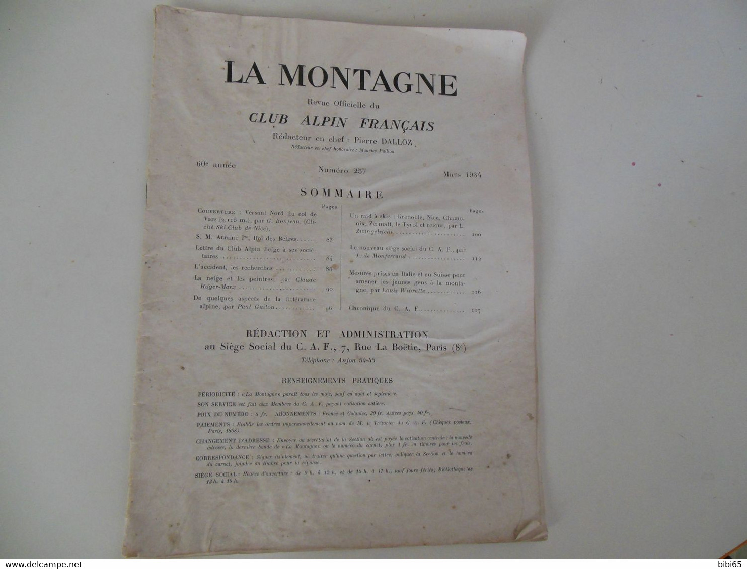LA MONTAGNE MARS 1934 PAR DALLOZ ROI ALBERT PREMIER ET CLUB ALPIN BELGE 60 PAGES - Alpes - Pays-de-Savoie
