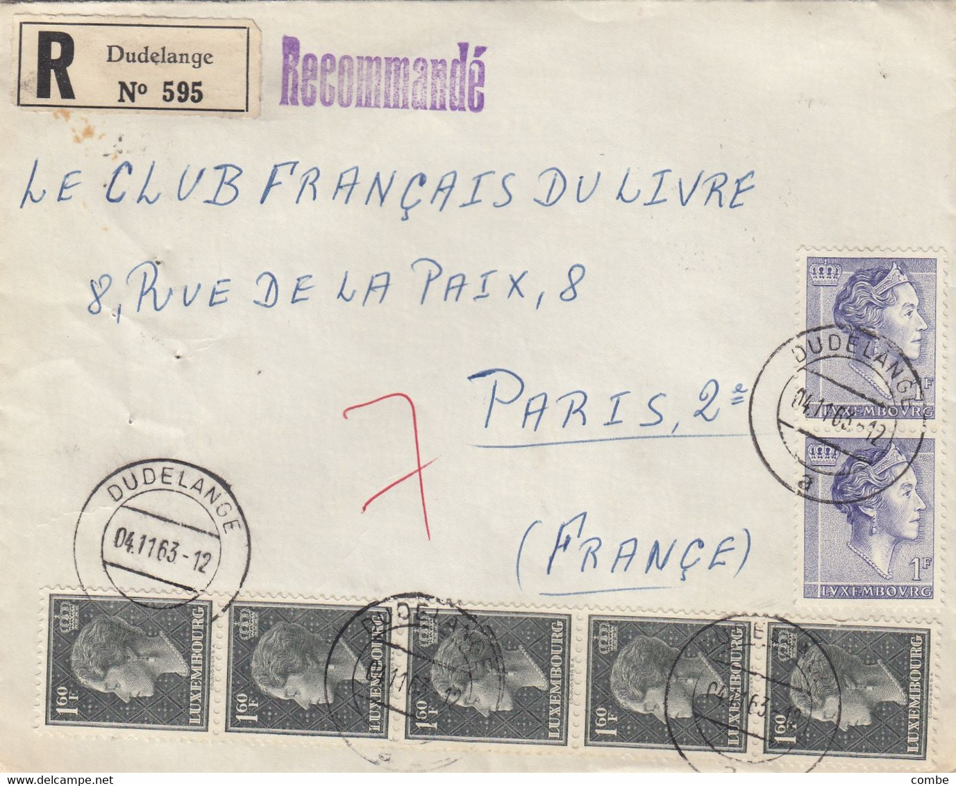 LETTRE. LUXEMBOURG. 1963. RECOMMANDE DUDELANGE. 10fr. POUR PARIS  / 2 - Cartas & Documentos