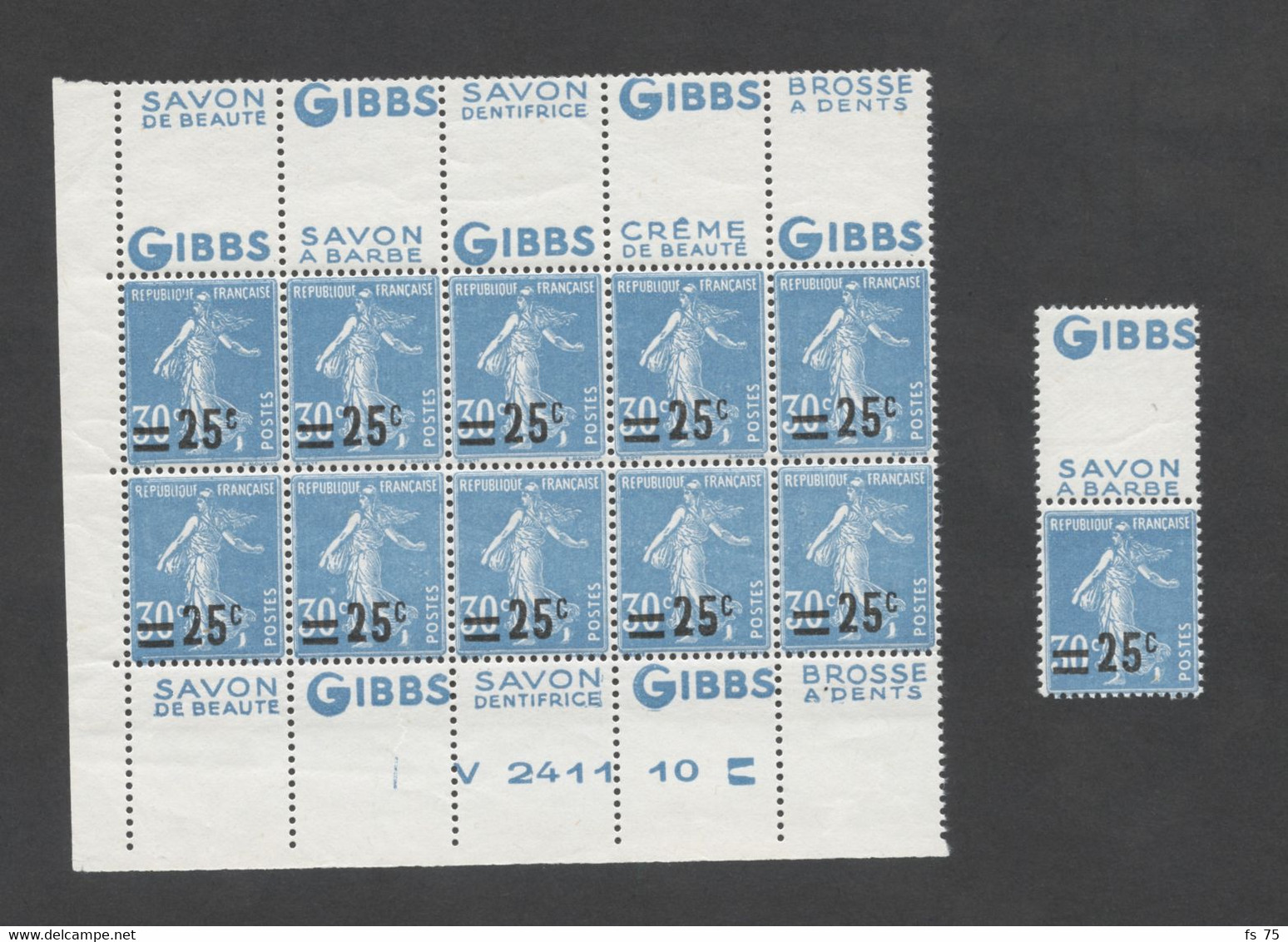 FRANCE N°217 - 25C / 30C BLEU SEMEUSE CAMEE - BLOC DE 10 TIMBRES - PUBLICITE GIBBS - BAS DE FEUILLE NUMEROTE - Autres & Non Classés