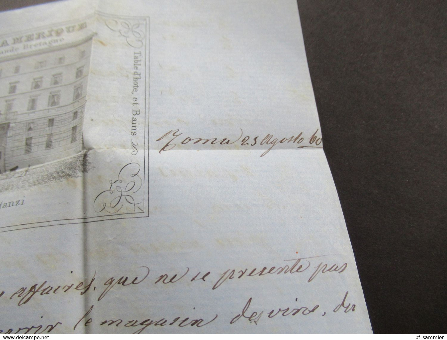 Rom 1860 Faltbrief mit Inhalt Roma - Bordeaux rückseitig 4 Stempel / Bahnpost dekorativer Briefkopf Hotel D'Amerique