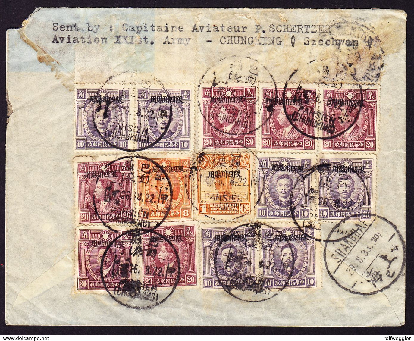 1933 14 Marken Mit Überdruck Auf Etwas Getöntem R-Brief "PAHSIEN/CHUNGKING" Via Shanghai Nach Paris - Sichuan 1933-34