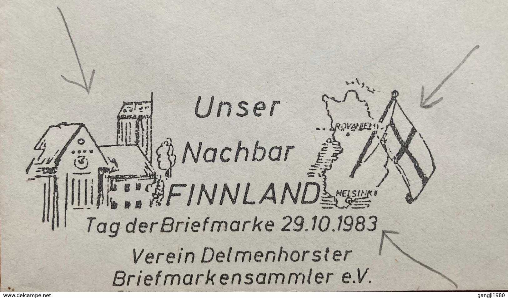 FINLAND 1983,REINDEER ANIMAL PICTURE CANCEL! NAPAPIIRI VILLAGE,ARCTIC, MAP , FLAG,RURAL HOUSE UNSER NACHBAR ,GOLD FROM - Briefe U. Dokumente