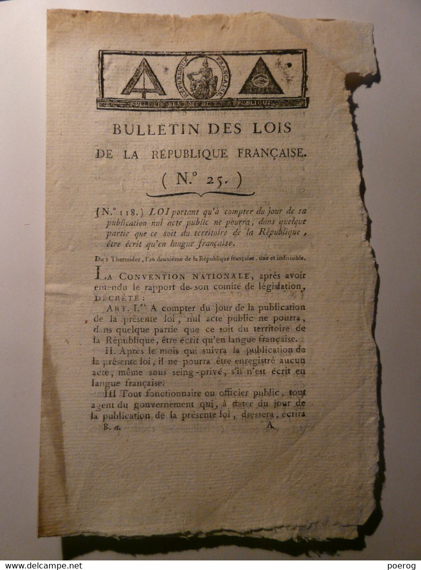 BULLETIN DES LOIS De 1794 - UTILISATION DE LA LANGUE FRANCAISE FRANCAIS - DELITS DES FONCTIONNAIRES - Wetten & Decreten