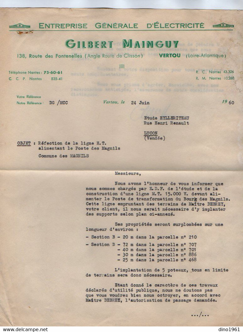 VP20.250 - 1960 - Lettre - Entreprise Générale D'Electricité G. MAINGUY à VERTOU Pour LUCON & LES MAGNILS REIGNIERS - Elektrizität & Gas