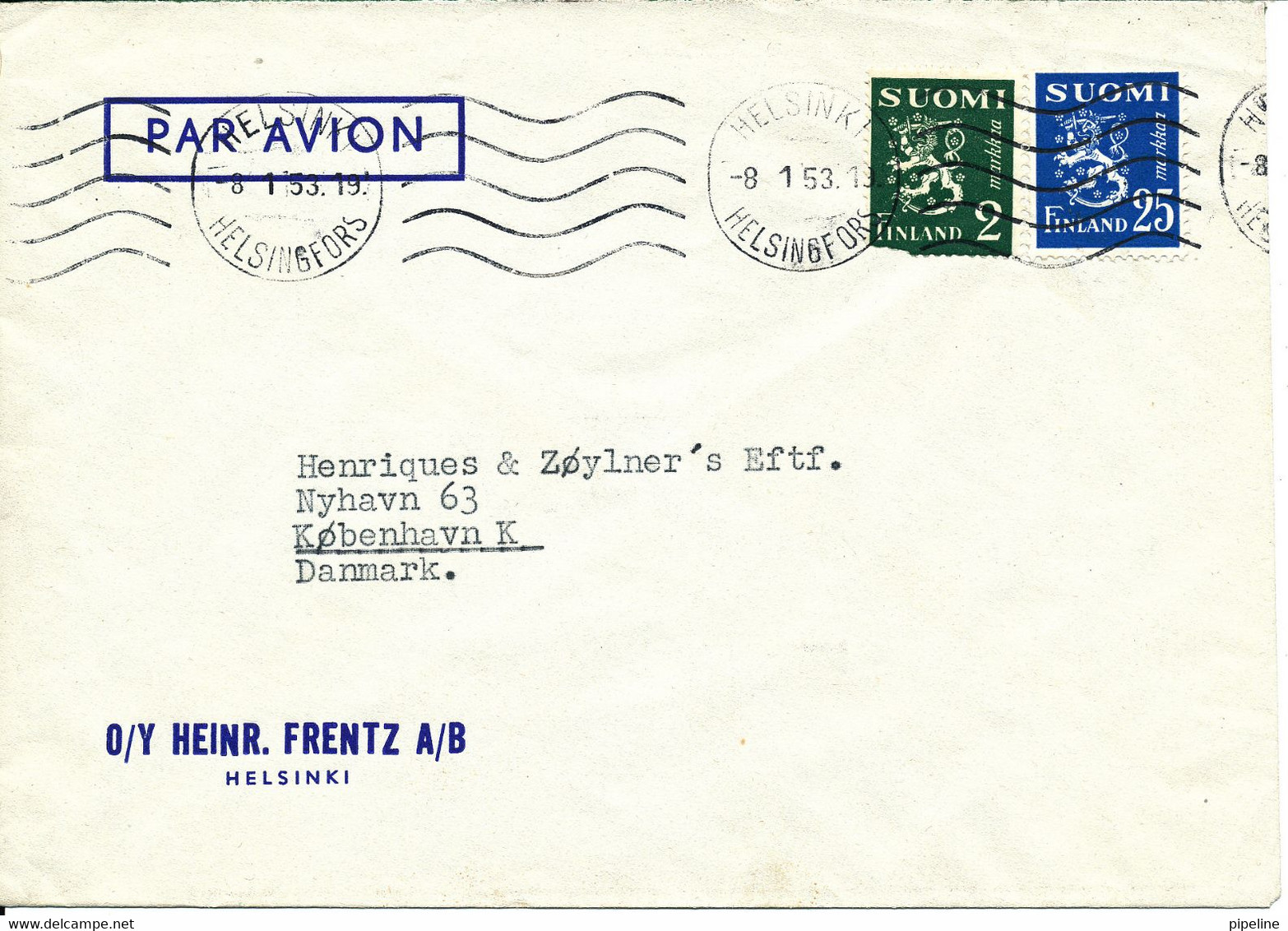 Finland Air Mail Cover Sent To Denmark Helsinki 8-1-1953 (one Of The Stamps Damaged) - Storia Postale