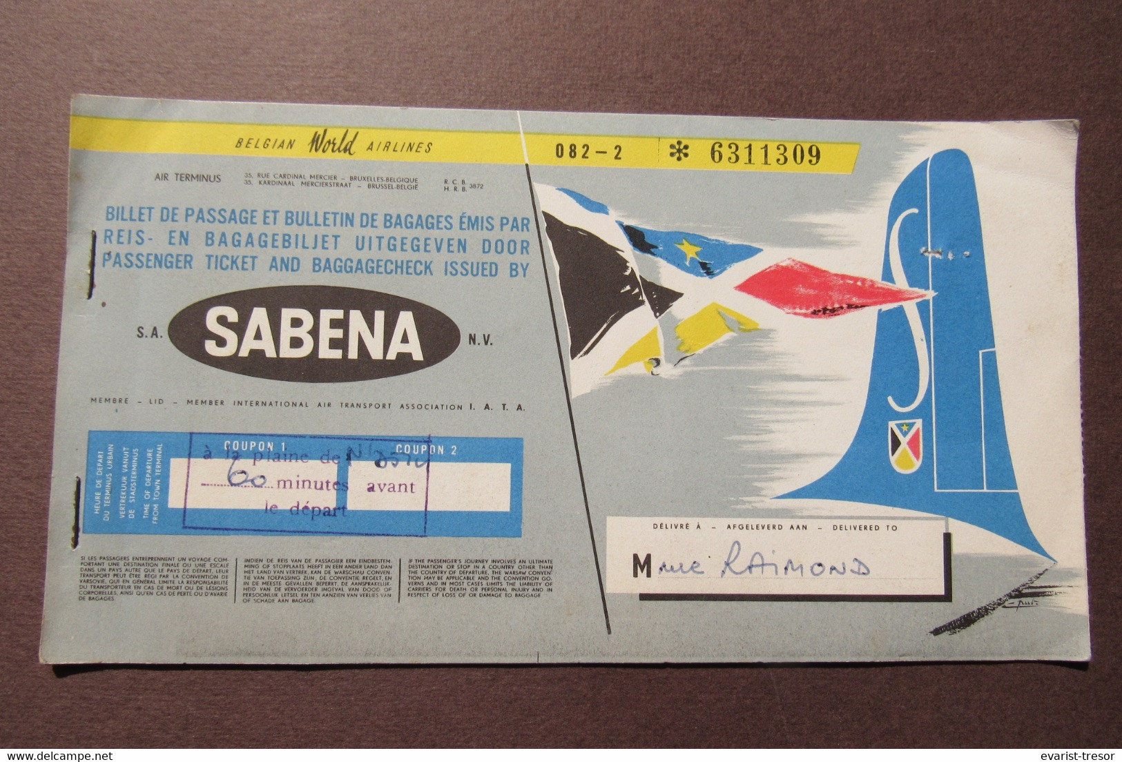 Airlines Sabena Vliegticket Brussel Léopoldville 1960 Afga Gevaert - Wereld