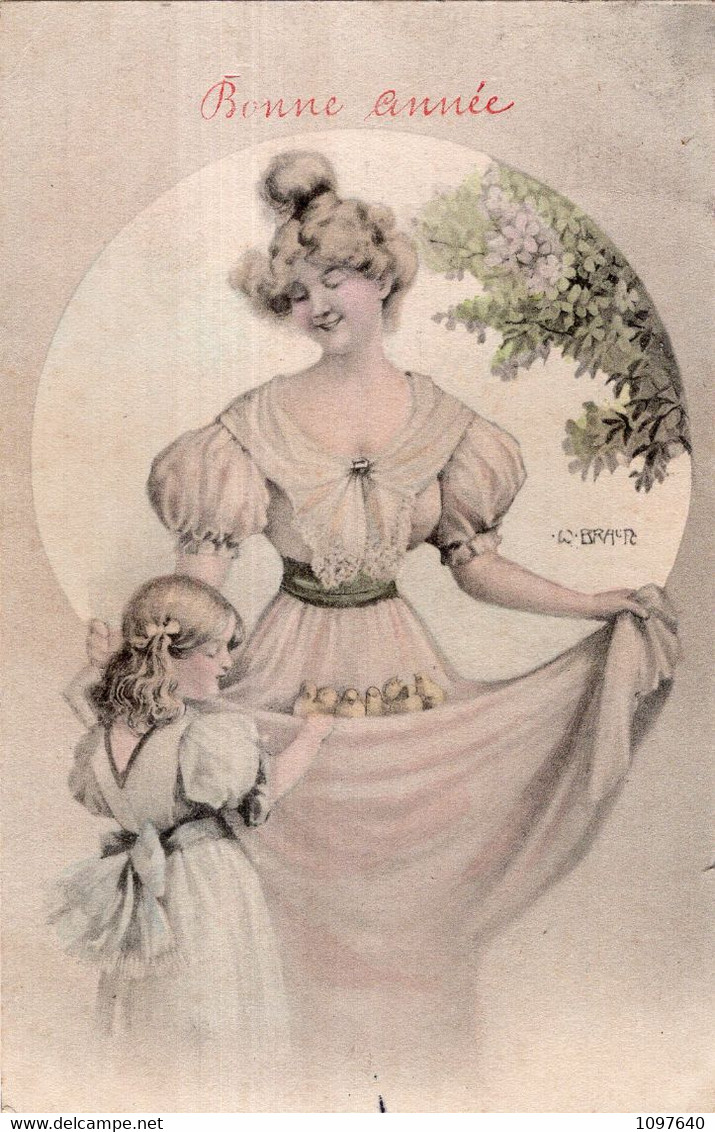 W. BRAUN, Carte De Bonne Année : La Fillette Regarde Les Poussins Dans Le Pli De La Robe De La Jeune Femme - Braun, W.