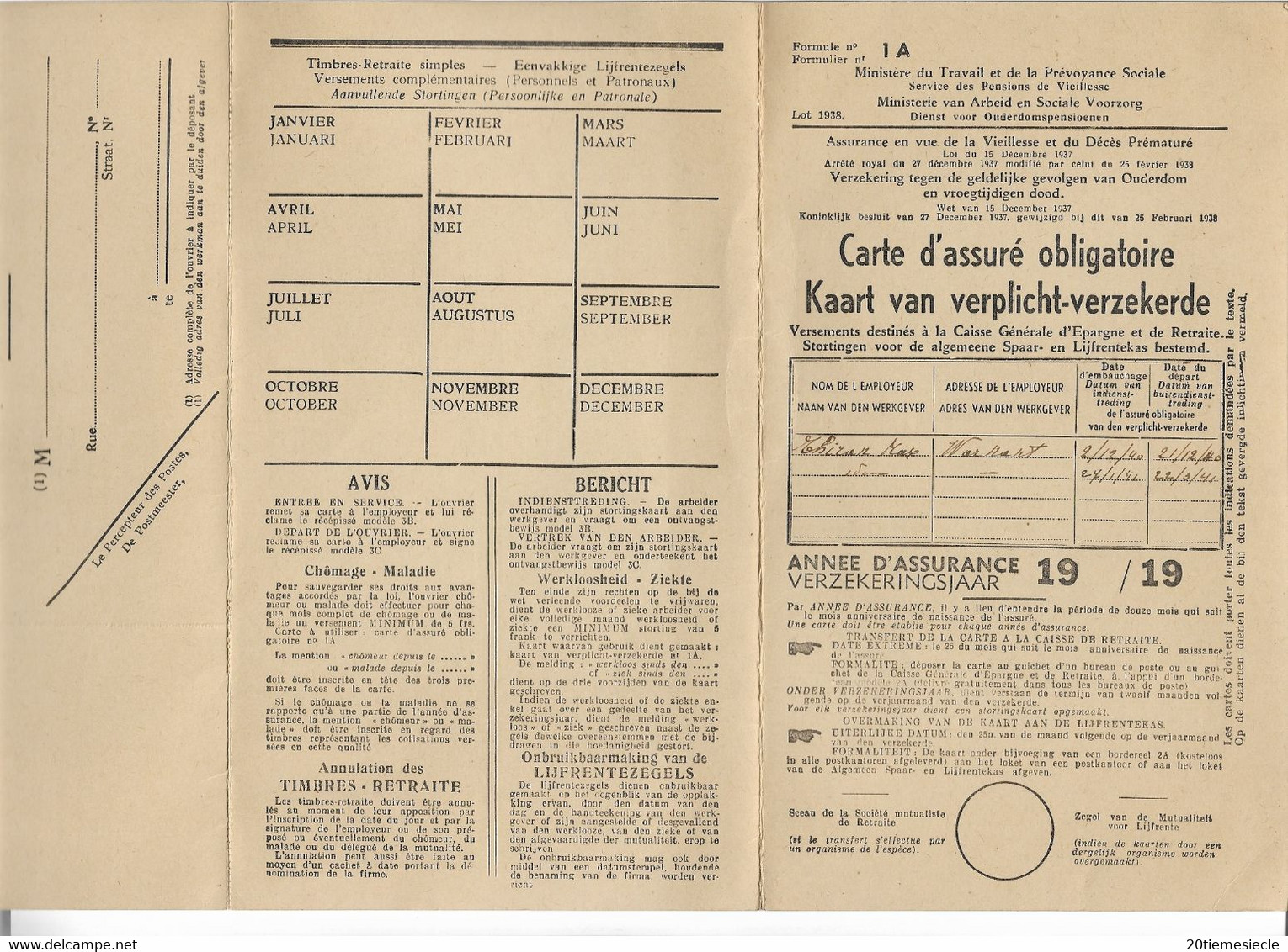 Carte D'assuré Obligatoire TIMBRE RETRAITE 1940-1941 De Cambier Jacques Pas Courant - Documents