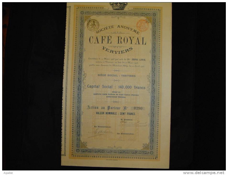 Action " Café Royal Verviers " 1903 Très Bon état,avec Tous Les Coupons - Tourism