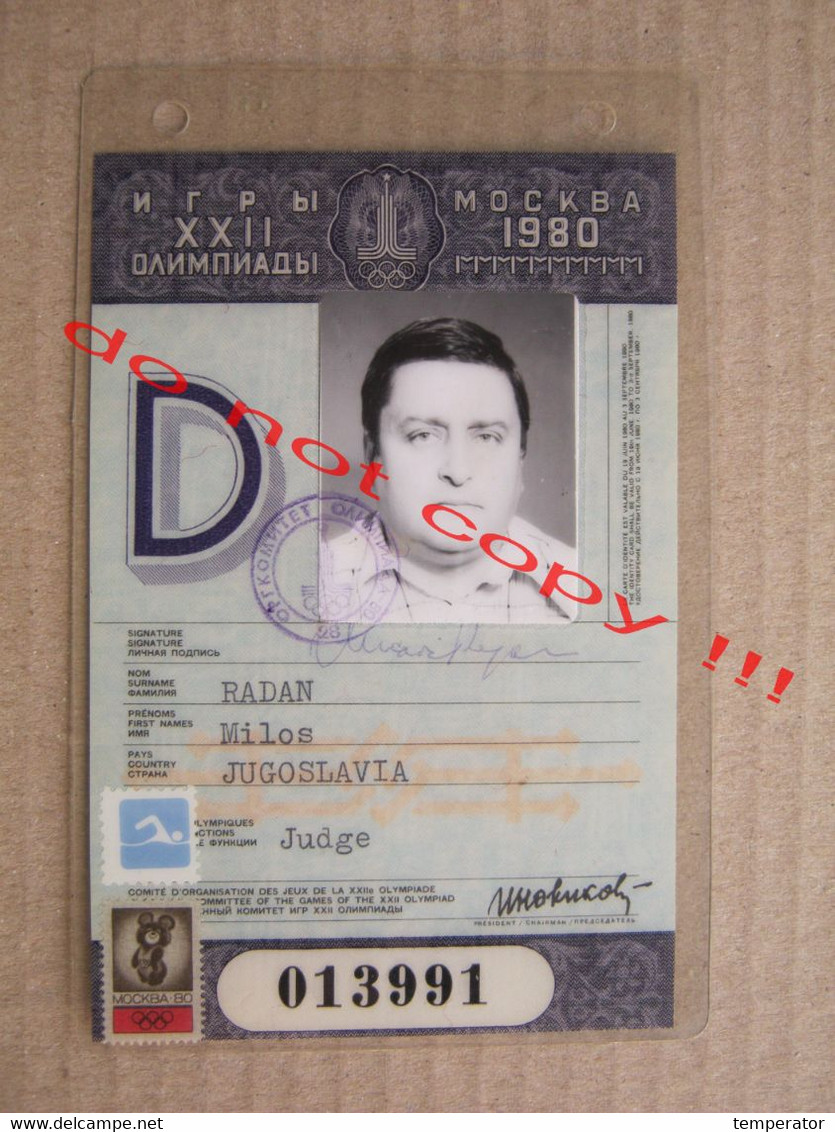 Olympic Games In Moscow ( 1980 ) - Function: Judge From Yugoslavia ( Official Pass ) - Nuoto