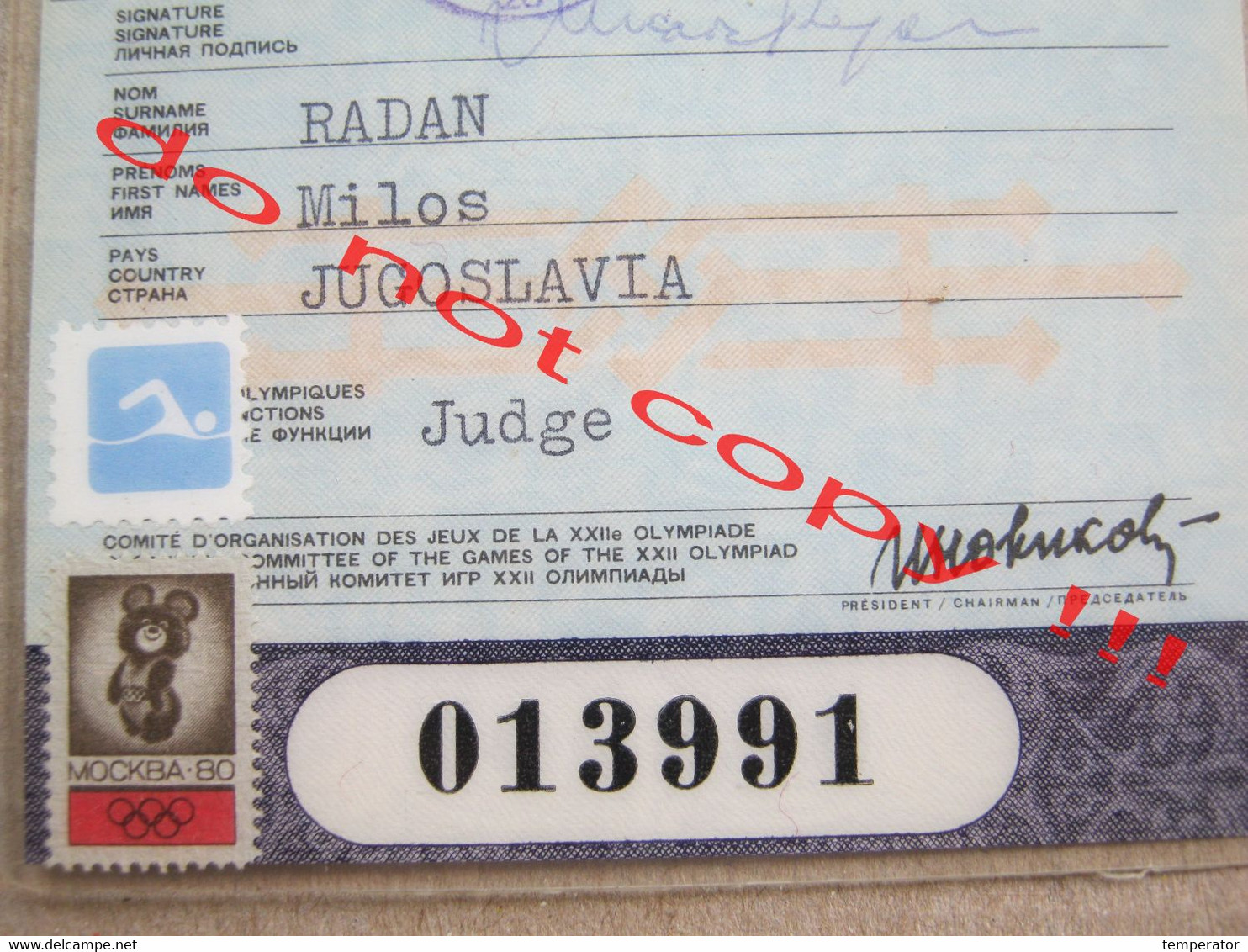 Olympic Games In Moscow ( 1980 ) - Function: Judge From Yugoslavia ( Official Pass ) - Nuoto