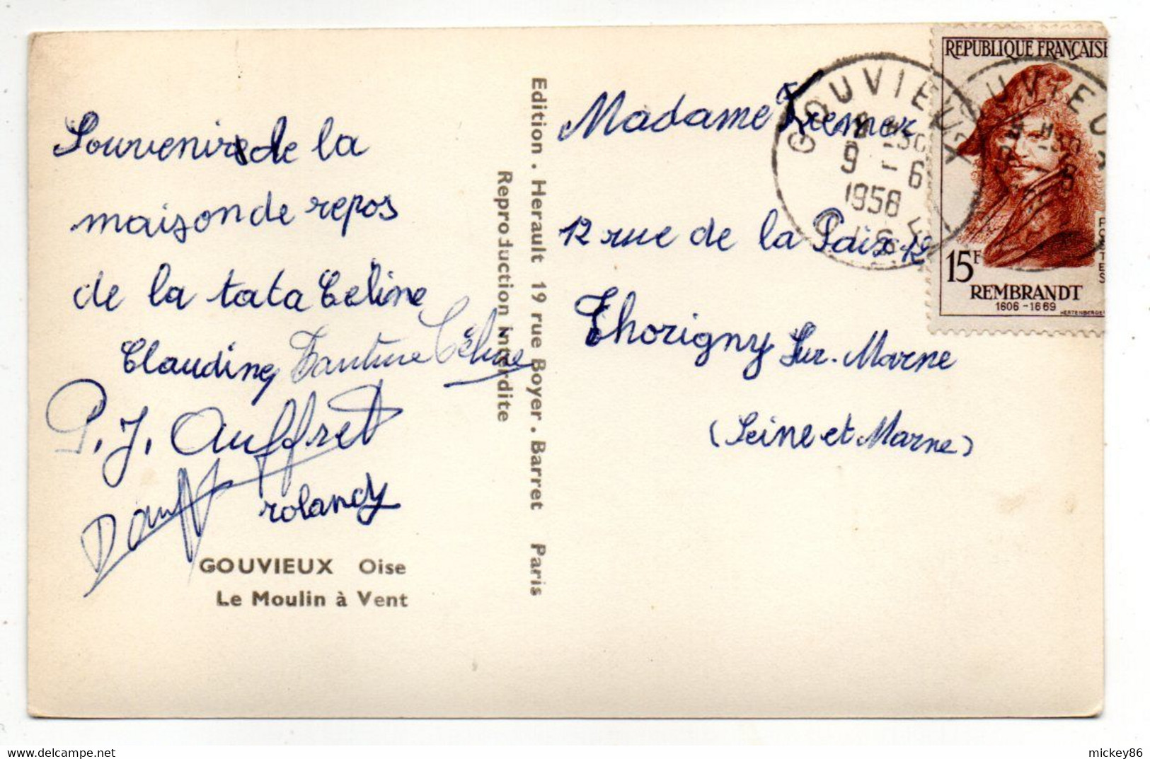 GOUVIEUX --1958 -- Le Moulin à Vent ...beau Cachet..GOUVIEUX Sur Tp REMBRANDT .....à Saisir - Gouvieux