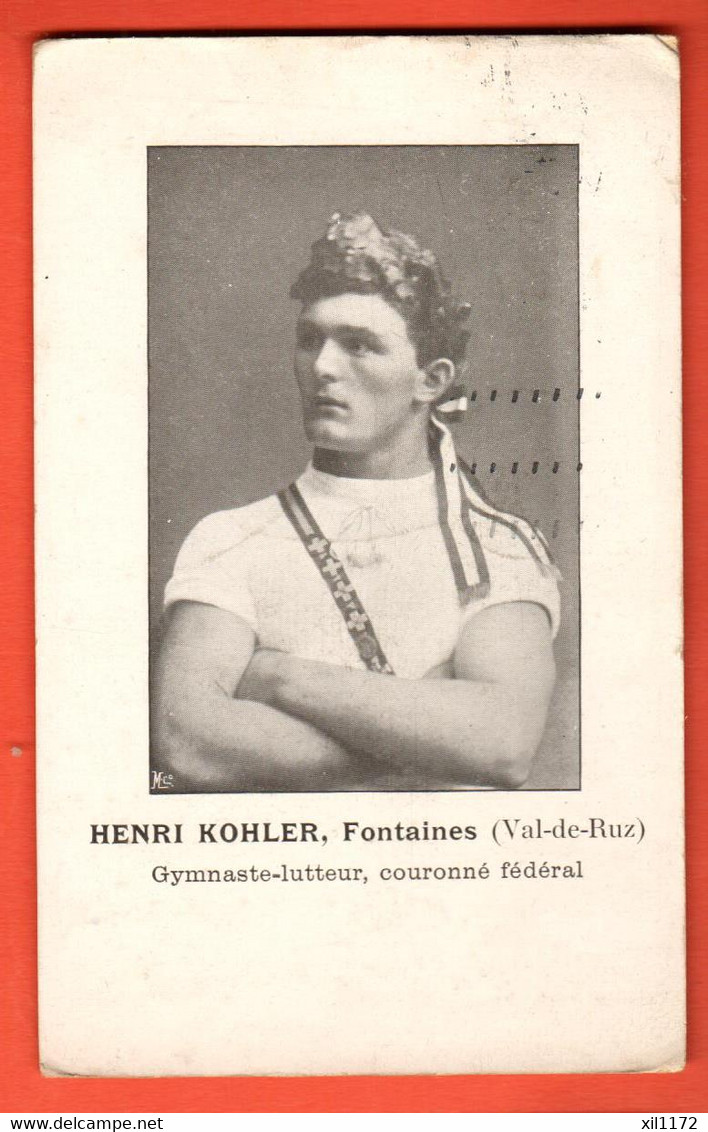 KCA-41 RARE Carte-photo Fontaines (Val-de-Ruz) Henri Kohler, Couronné Fédéral, Gymnaste-lutteur.Cachet Neuchâtel 1913 - Fontaines