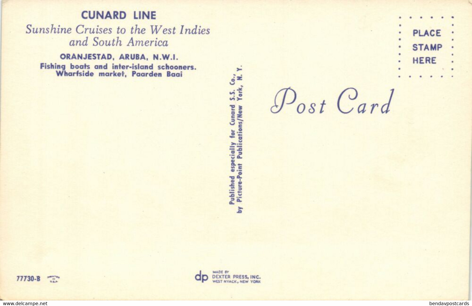 Aruba, N.W.I., ORANJESTAD, Paarden Baai, Fishing Boats, Cunard Line Postcard - Aruba