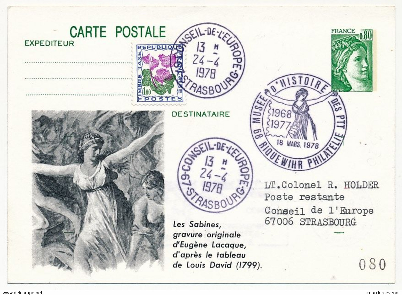 Entier Repiqué - 0,80 Sabine - Musée D'Histoire Des PTT RIQUEWIHR + Conseil De L'Europe - 1978 - - Cartes Postales Repiquages (avant 1995)