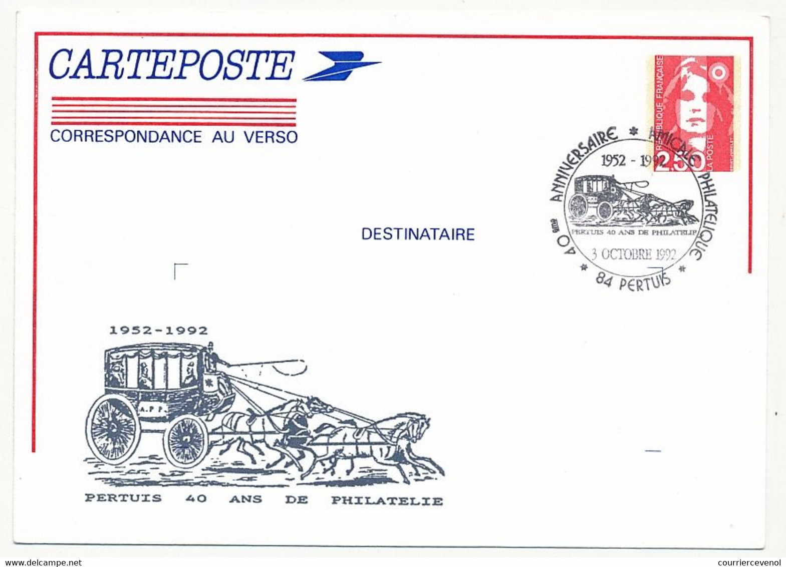 Entier Repiqué 2,50 Briat Carteposte - PERTUIS 40 Ans De Philatélie (Malle Poste) Octobre 1990 - Postales  Transplantadas (antes 1995)