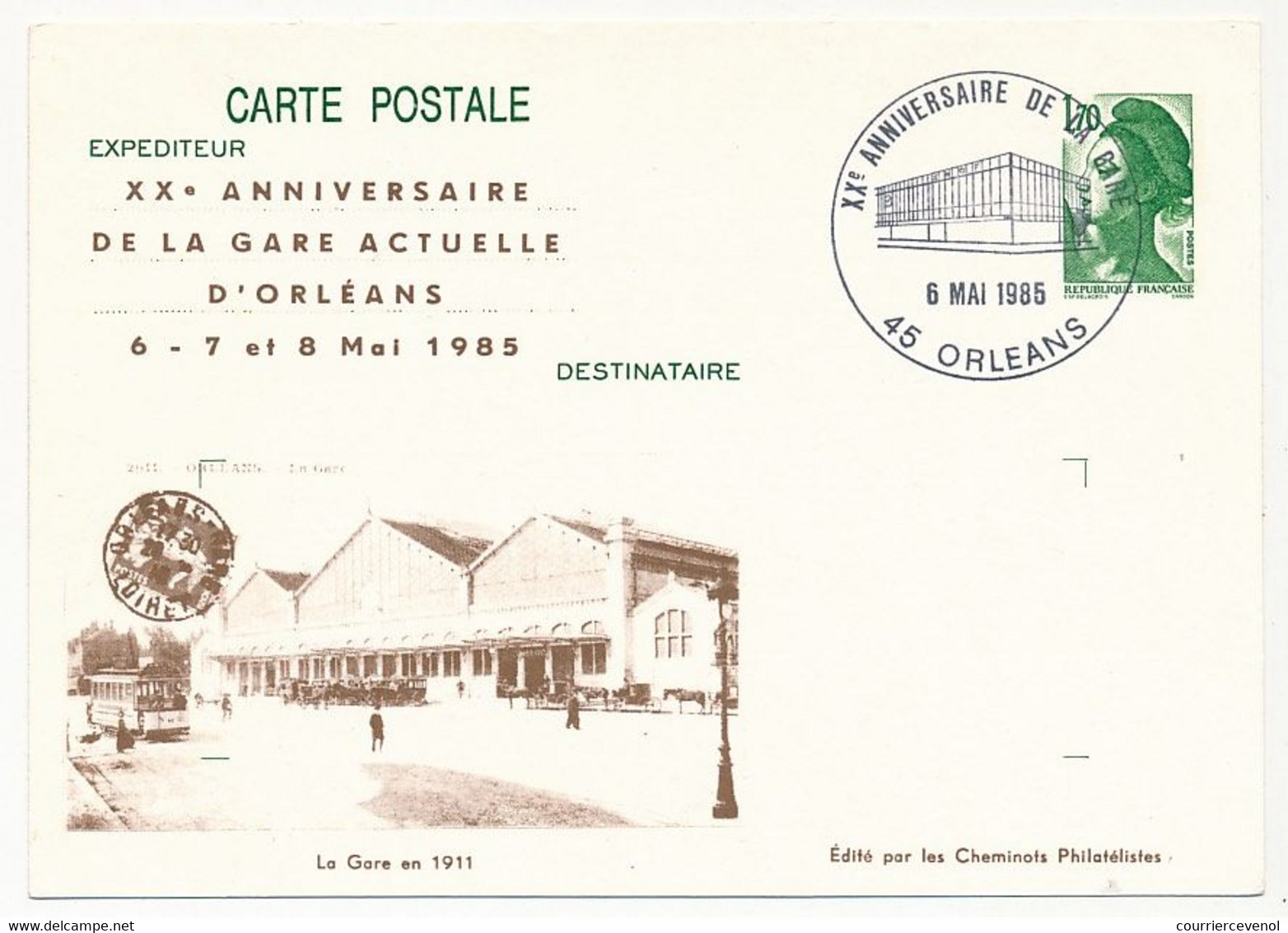 Entier Repiqué - CP 1,70 Liberté - 20eme Anniversaire De La Gare Actuelle D'ORLEANS - 6 Mai 1985 - Postales  Transplantadas (antes 1995)