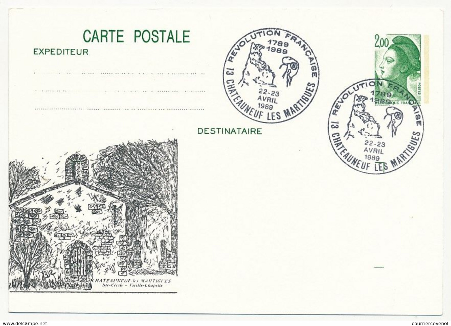 Entier Repiqué - CP 2,00 Liberté - Révolution Française - 13 Chateauneuf Les Martigues - 22/23 Avril 1989 - Overprinter Postcards (before 1995)